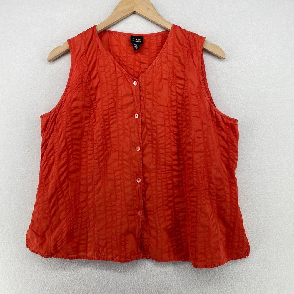 EILEEN FISHER Top L Seersucker Textured Cotton Shirt Sleeveless Button Front Red